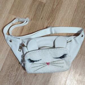 Plush Cat Belt Bag w/ Ears Cream Faux Leather Metallic Embroidery 30"-44"L x 5"W